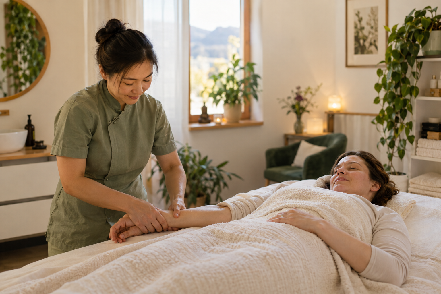 A mother receiving a soothing forearm massage from a Chinese female therapist - AI-generated illustrative image
