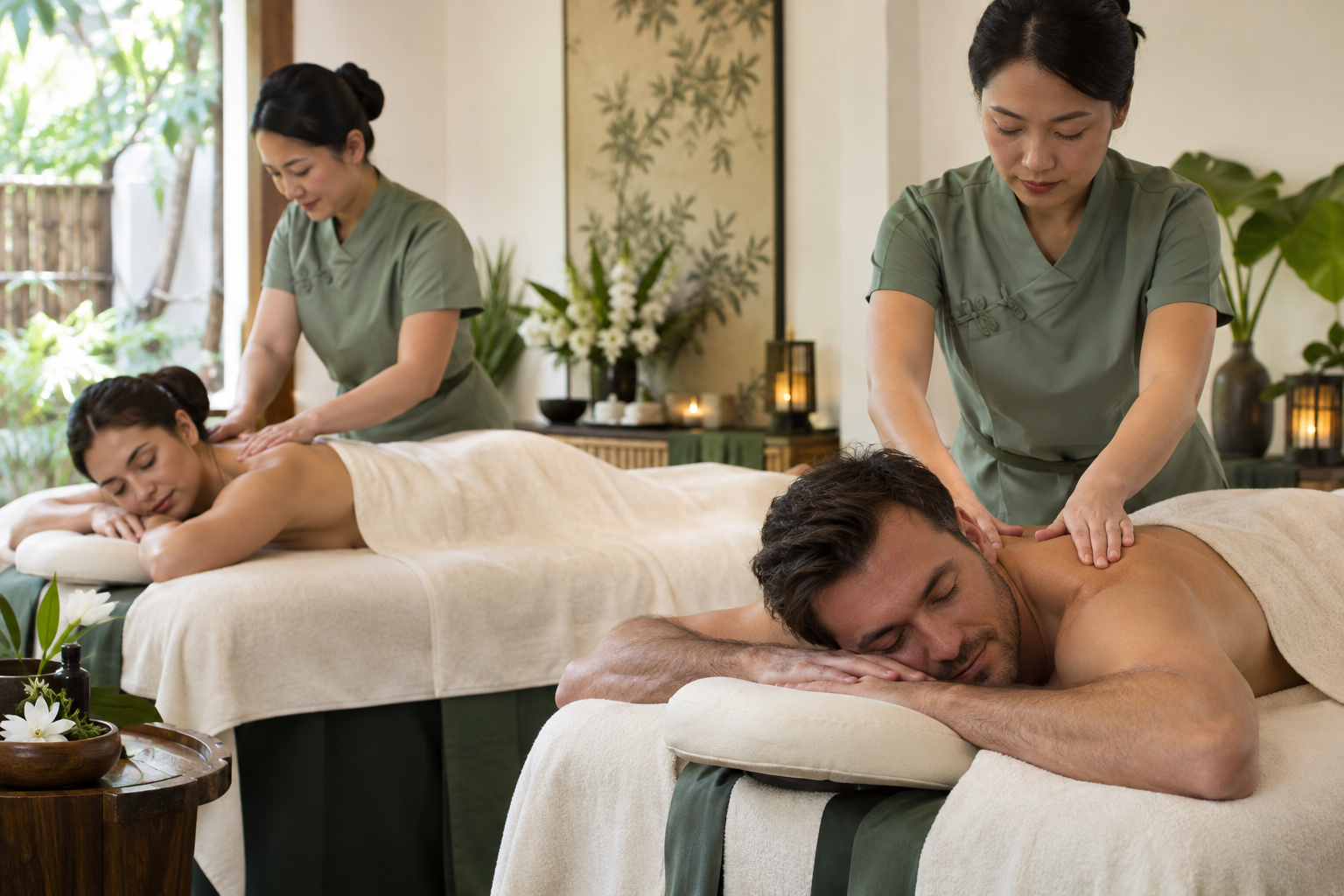 Two adults on separate massage tables with two Chinese female therapists - AI-generated illustrative image