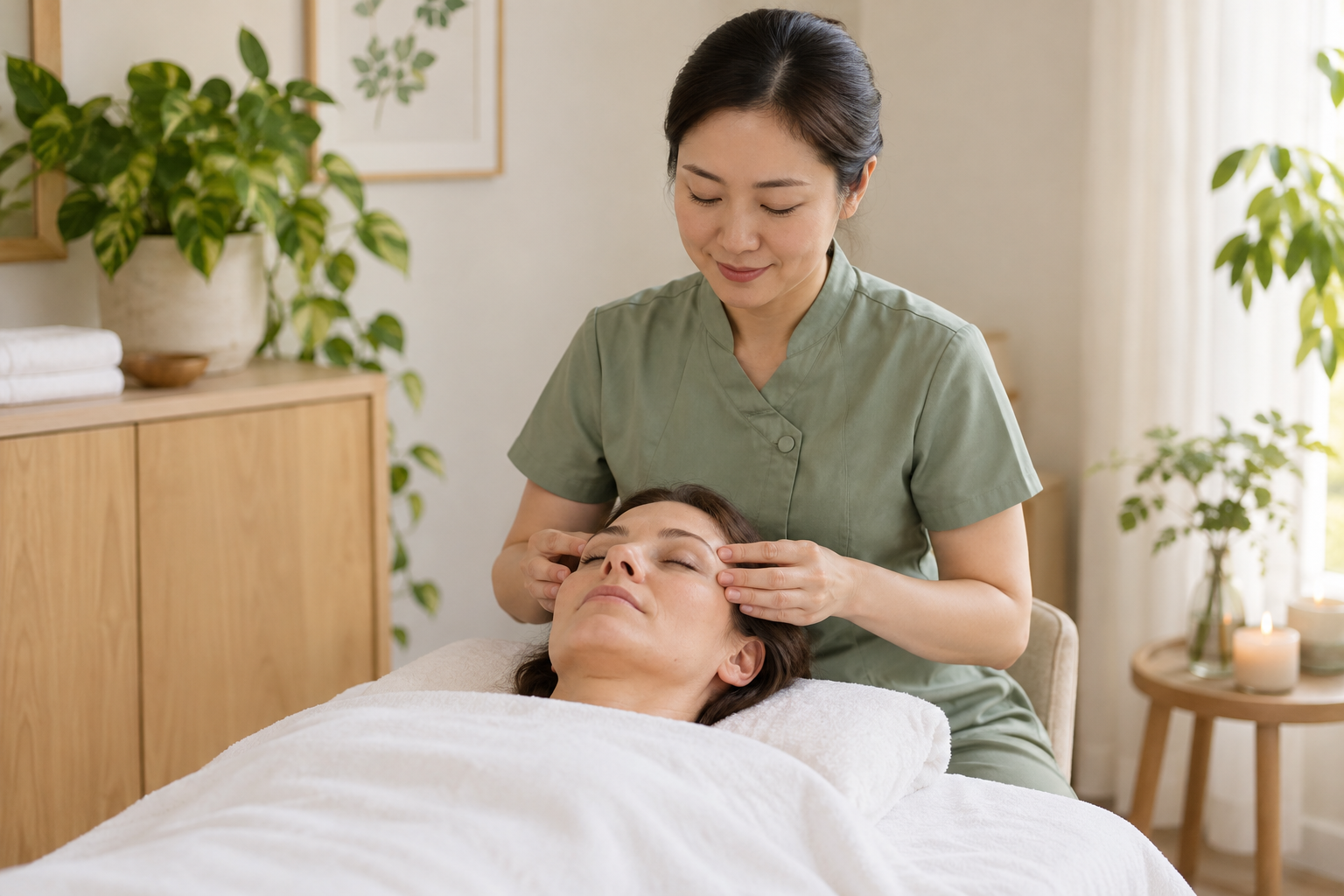 Gentle forehead and temple massage – AI-generated illustrative image