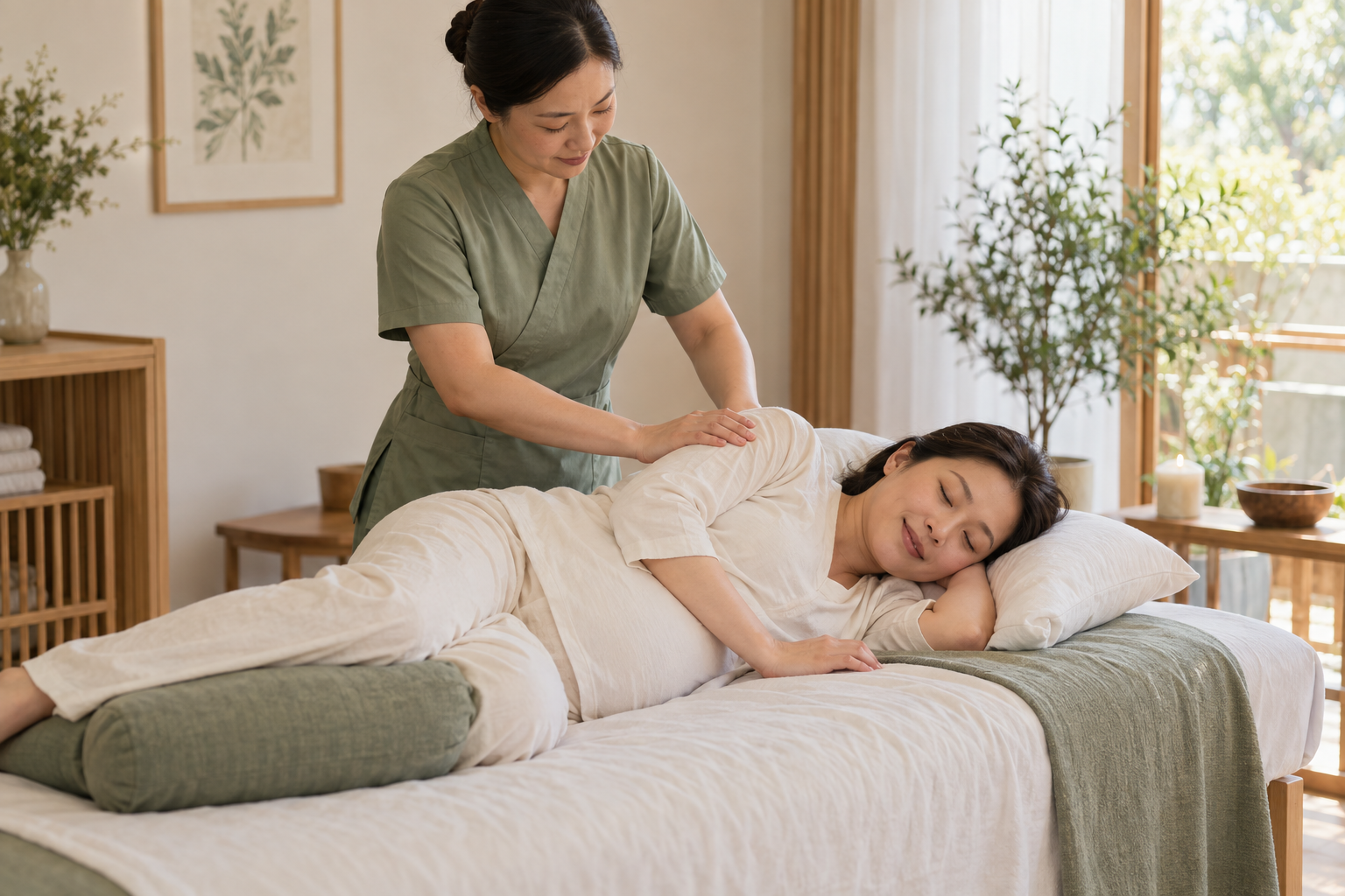 Pregnant client receiving a gentle massage – AI-generated illustrative image
